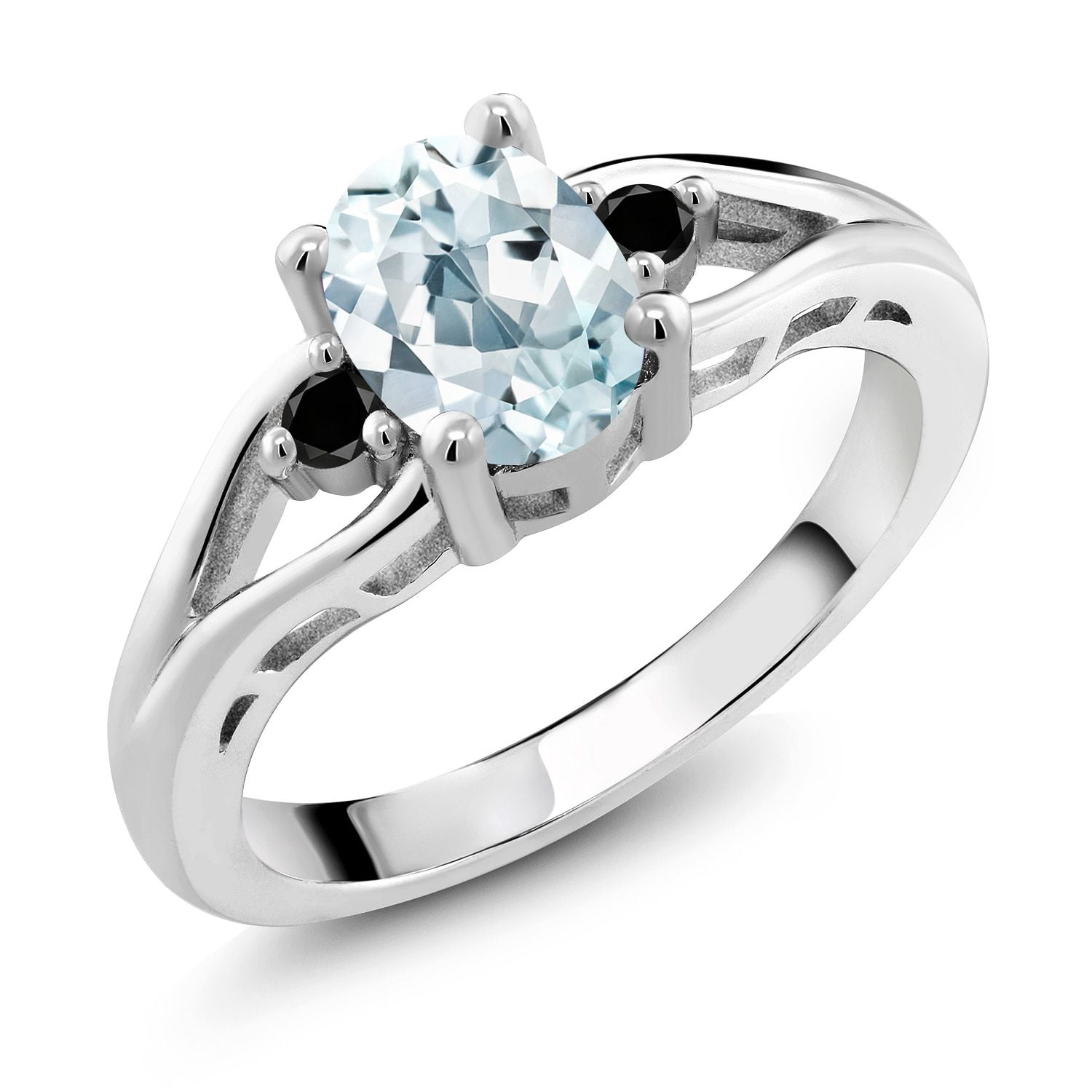 Gem Stone King 925 Sterling Silver Sky Blue Aquamarine and Black Diamond 3 Stone Engagement Ring for Women | 1.27 Cttw | Oval 8X6MM | Round 2MM | Gemstone March Birthstone | Size 9