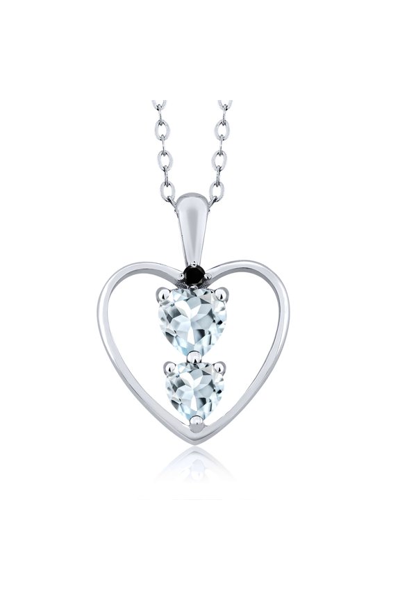 925 Sterling Silver Sky Blue Aquamarine and Black Diamond Pendant Necklace for Women (0.67 Cttw, Gemstone March Birthstone, Heart 5MM and 4MM, with 18 inch Silver Chain)