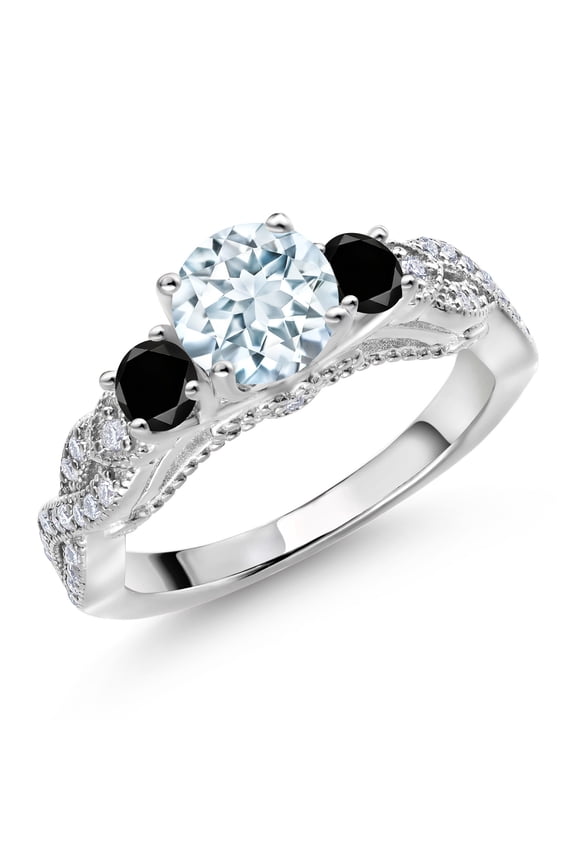 925 Sterling Silver Sky Blue Aquamarine Black Diamond and White Moissanite Engagement Ring for Women (1.22 Cttw, Gemstone March Birthstone, Round 6MM and 3MM, Size 5)