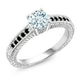 thumbnail image 1 of Gem Stone King 925 Sterling Silver Sky Blue Aquamarine and Black Diamond Women's Engagement Ring (0.92 Cttw Round Gemstone Birthstone, Size 5), 1 of 5