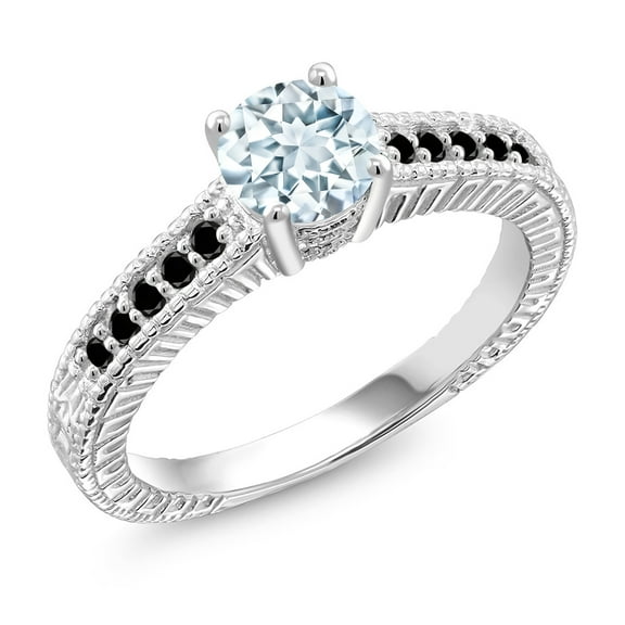 Gem Stone King 925 Sterling Silver Sky Blue Aquamarine and Black Diamond Women's Engagement Ring (0.92 Cttw Round Gemstone Birthstone, Size 9)
