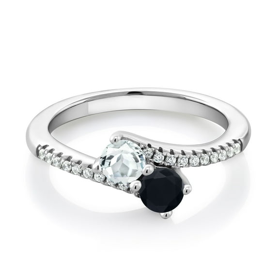 Gem Stone King 925 Sterling Silver Sky Blue Aquamarine and Black Onyx Bypass Ring for Women (0.71 Cttw, Gemstone March Birthstone, Round 4MM, Available in Size 5, 6, 7, 8, 9)
