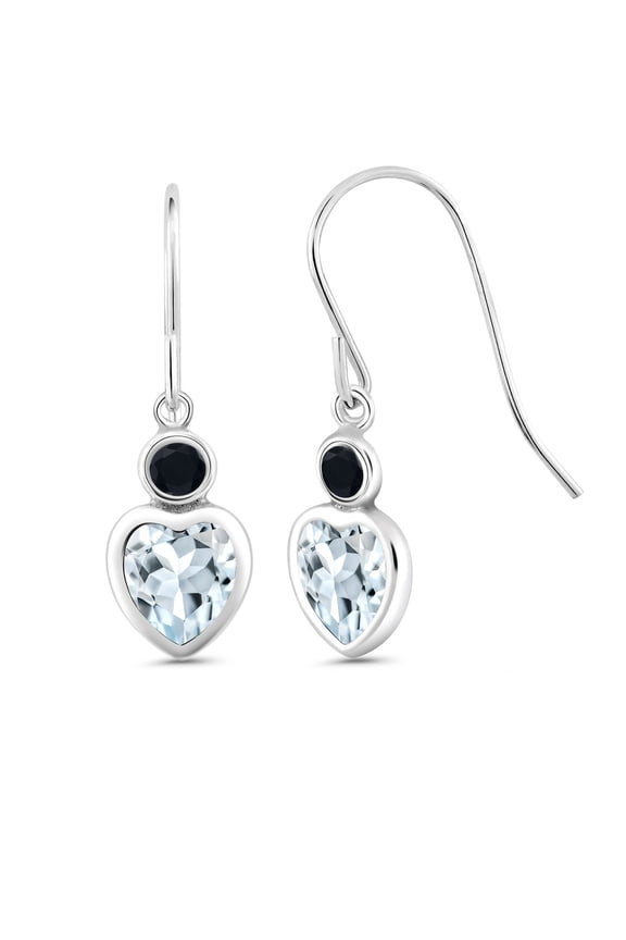 925 Sterling Silver Sky Blue Aquamarine and Black Onyx French Wire Dangle Hook Earrings for Women (1.66 Cttw, Gemstone March Birthstone, Heart Shape 6MM)