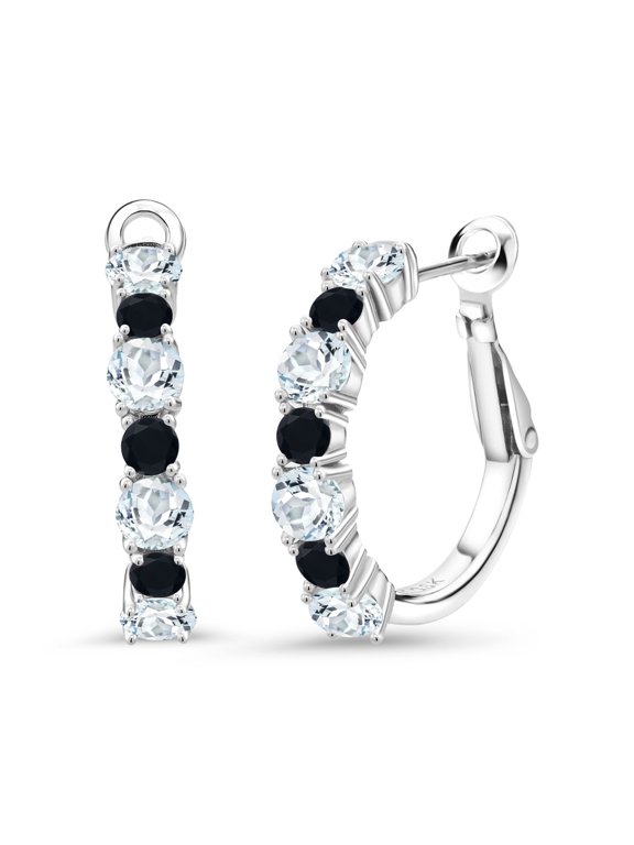 925 Sterling Silver Sky Blue Aquamarine and Black Onyx Hoop Earrings for Women (2.60 Cttw, Gemstone March Birthstone, Round 4MM and 3MM)