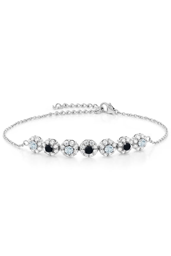 925 Sterling Silver Sky Blue Aquamarine and Black Onyx Tennis Bracelet for Women (1.91 Cttw, Gemstone March Birthstone, 7 inch with 2 inch Extender)