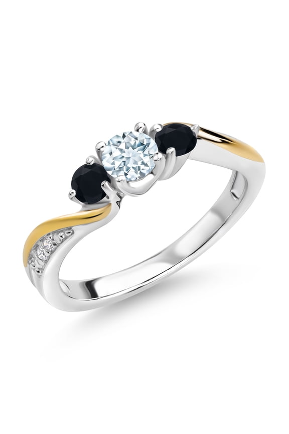 925 Sterling Silver Sky Blue Aquamarine Black Onyx and White Lab Grown Diamond 3 Stone Engagement Ring for Women (0.48 Cttw, Gemstone March Birthstone, Size 5)