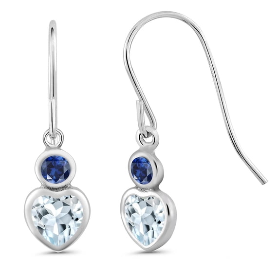 Gem Stone King 925 Sterling Silver Sky Blue Aquamarine and Blue Created Sapphire Dangle Earrings for Women (1.11 Cttw, Gemstone March Birthstone, Heart Shape 5MM, Frechwire)