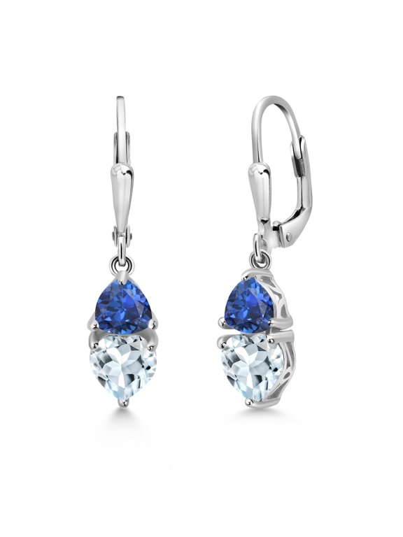 925 Sterling Silver Sky Blue Aquamarine and Blue Created Sapphire Dangle Leverback Earrings for Women (2.54 Cttw, Gemstone March Birthstone, Heart Shape 6MM, Trillion 5MM)
