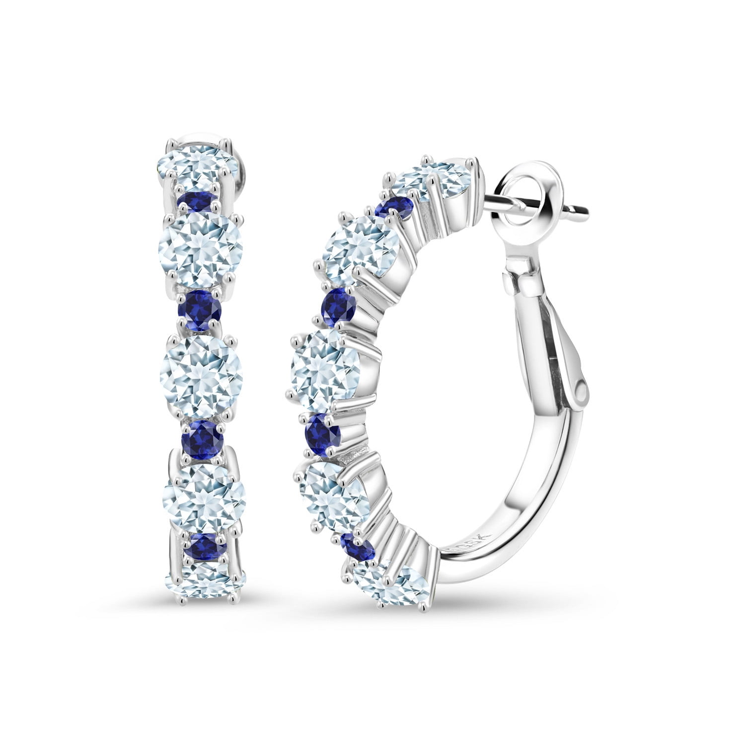 Gem Stone King 925 Sterling Silver Sky Blue Aquamarine and Blue Created Sapphire Hoop Earrings for Women (2.86 Cttw, Round 4MM and 1.9MM, Gemstone Birthstone 1 inch Diameter)