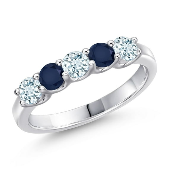 Gem Stone King 925 Sterling Silver Sky Blue Aquamarine and Blue Sapphire Wedding-Bands Ring for Women | 0.95 Cttw | Round 3.5MM | Gemstone March Birthstone | Size 7