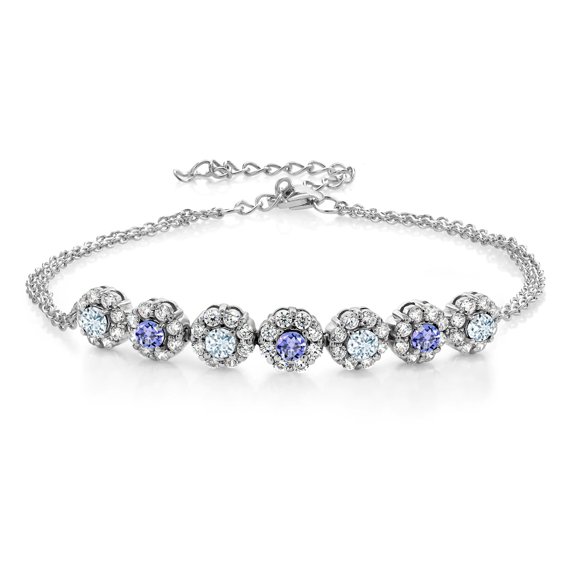 Gem Stone King 925 Sterling Silver Sky Blue Aquamarine Blue Tanzanite and White Zirconia Tennis Bracelet for Women (1.22 Cttw, Gemstone March Birthstone, 7 inch with 2 inch Extender)