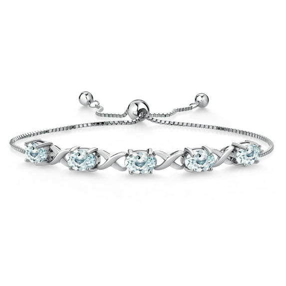 Gem Stone King 925 Sterling Silver Sky Blue Aquamarine Bracelet for Women (3.75 Cttw, Gemstone March Birthstone, Oval 7X5MM, Fully Adjustable up to 9 inches)