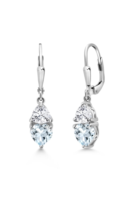 925 Sterling Silver Sky Blue Aquamarine Dangle Leverback Earrings for Women (3.00 Cttw, Gemstone March Birthstone, Heart Shape 6MM, Trillion 5MM)
