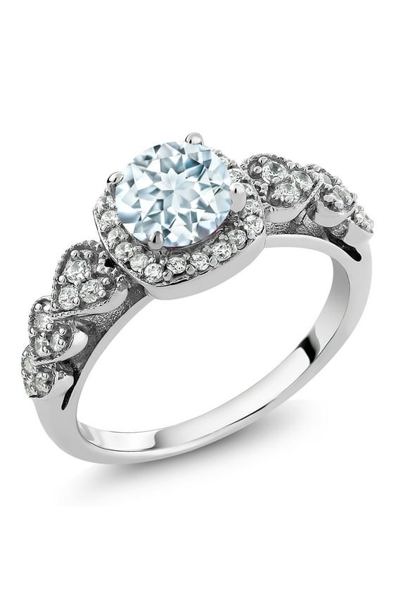 925 Sterling Silver Sky Blue Aquamarine Engagement Ring for Women 1.07 Cttw, Round 6MM, Gemstone Birthstone (Size 7)