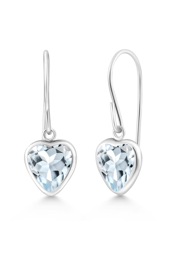 925 Sterling Silver Sky Blue Aquamarine French Wire Dangle Hook Earrings for Women (1.46 Cttw, Gemstone March Birthstone, Heart Shape 6MM)