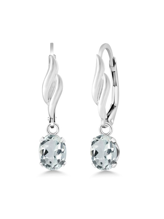 925 Sterling Silver Sky Blue Aquamarine Leverback Dangle Drop Earrings for Women (1.50 Cttw, Gemstone March Birthstone, Oval 7X5MM)