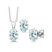 Gem Stone King 925 Sterling Silver Sky Blue Aquamarine Pendant Earrings Set For Women (2.25 Cttw, Oval 7X5MM, Gemstone March Birthstone, With 18 inch Chain)