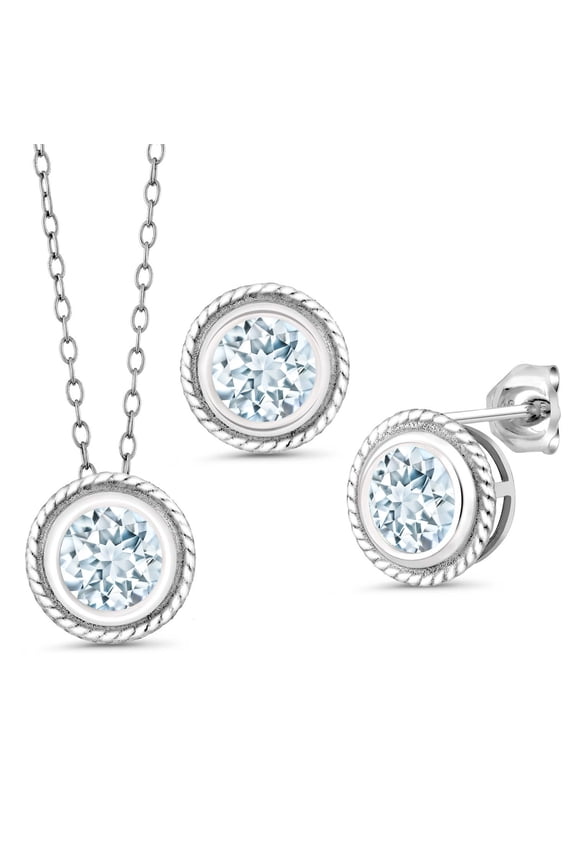 925 Sterling Silver Sky Blue Aquamarine Pendant Earrings Set for Women (2.25 Cttw, Gemstone March Birthstone, Round 6MM, With 18 inch Chain)