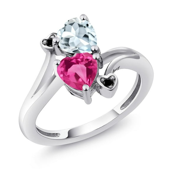 Gem Stone King 925 Sterling Silver Sky Blue Aquamarine Pink Created Sapphire and Black Diamond Ring for Women (1.56 Cttw, Heart Shape 6MM, Gemstone March Birthstone, Size 7)