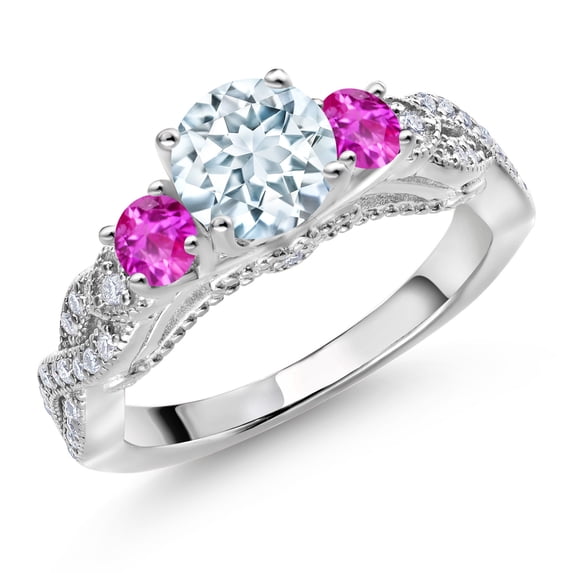 Gem Stone King 925 Sterling Silver Sky Blue Aquamarine Pink Sapphire and White Moissanite Engagement Ring for Women (1.28 Cttw, Gemstone March Birthstone, Round 6MM and 3MM, Size 8)