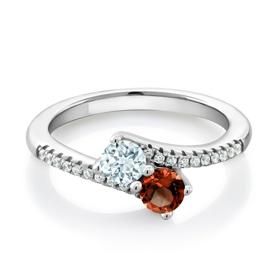 Gem Stone King 925 Sterling Silver Sky Blue Aquamarine and Red Garnet Bypass Ring for Women (0.86 Cttw, Gemstone March Birthstone, Round 4MM, Available in Size 5, 6, 7, 8, 9)