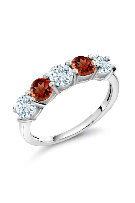 925 Sterling Silver Sky Blue Aquamarine and Red Garnet Wedding Band Ring for Women (0.91 Cttw, Round 3.5MM, Gemstone March Birthstone, Size 8)