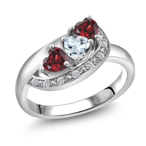Gem Stone King 925 Sterling Silver Sky Blue Aquamarine and Red Garnet and White Created Sapphire Engagement Ring for Women (1.00 Cttw, Gemstone March Birthstone, Heart Shape 4MM, Size 6)