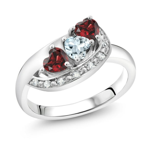 Gem Stone King 925 Sterling Silver Sky Blue Aquamarine and Red Garnet and White Created Sapphire Engagement Ring for Women (1.00 Cttw, Gemstone March Birthstone, Heart Shape 4MM, Size 6)