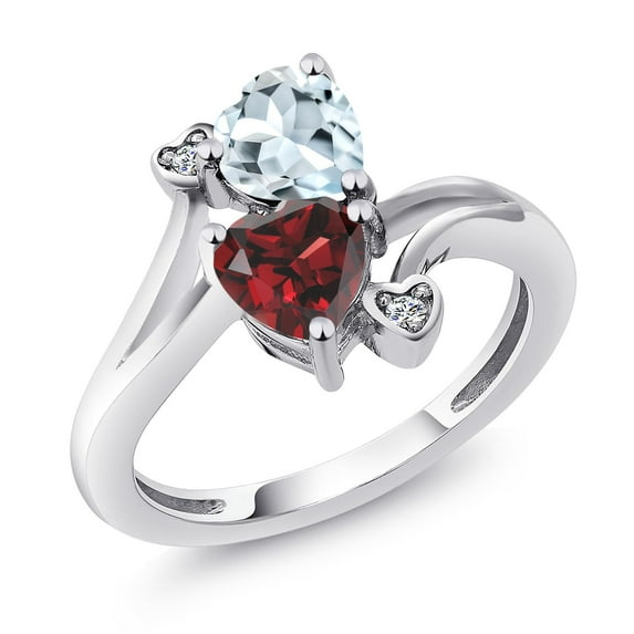 Gem Stone King 925 Sterling Silver Sky Blue Aquamarine Red Garnet and White Moissanite Ring for Women (1.76 Cttw, Heart Shape 6MM, Gemstone March Birthstone, Size 8)