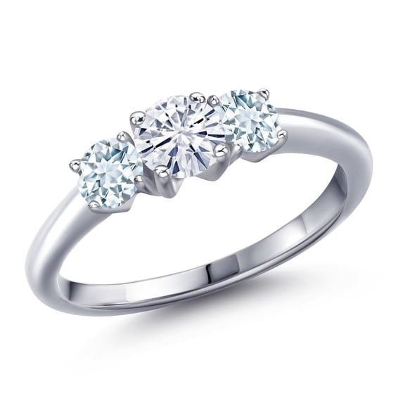 Gem Stone King 925 Sterling Silver White Moissanite and Sky Blue Aquamarine Engagement Ring for Women | 1.00 Cttw | Round 5MM | Gemstone Birthstone | Size 7