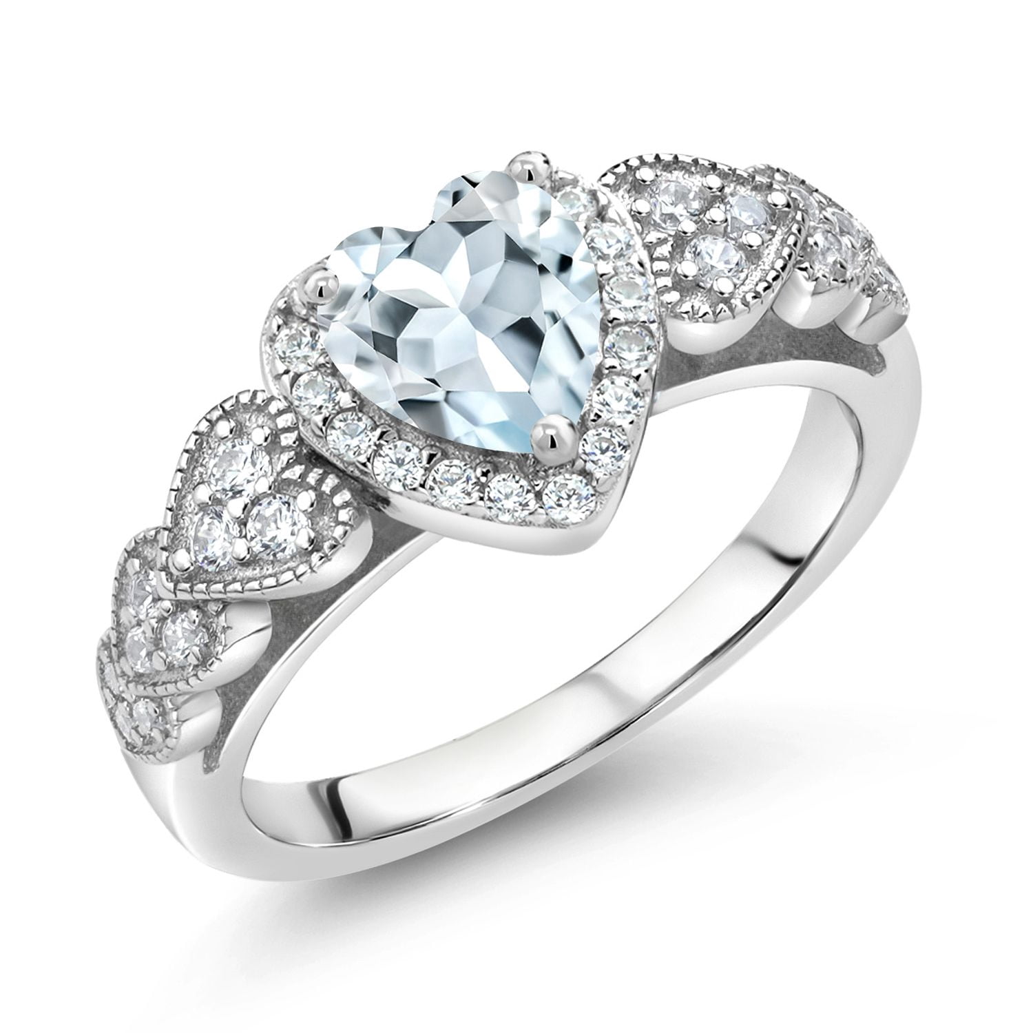 Gem Stone King 925 Sterling Silver Sky Blue Aquamarine Ring for Women (1.16 Cttw, Heart Shape 6MM, Gemstone Birthstone, Available in Size 5, 6, 7, 8, 9)