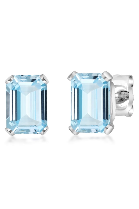 925 Sterling Silver Sky Blue Aquamarine Stud Earrings for Women Men (1.00 Cttw, March Gemstone Birthstone, Emerald Cut 6X4MM)