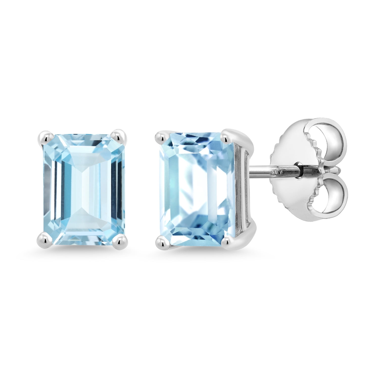 Gem Stone King 925 Sterling Silver Sky Blue Aquamarine Stud Earrings for Women Men (1.60 Cttw, Gemstone Birthstone, Emerald Cut 7X5MM)