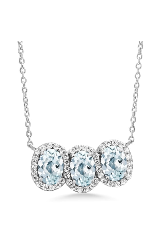 925 Sterling Silver Sky Blue Aquamarine Three-Stone Pendant Necklace for Women (2.61 Cttw, Gemstone Birthstone, Oval 7X5MM, with 18 inch Silver Chain)