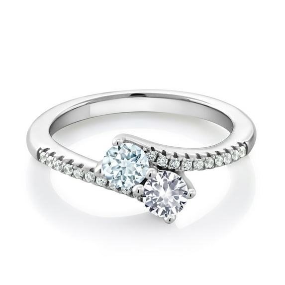 Gem Stone King 925 Sterling Silver Sky Blue Aquamarine and White Created Sapphire Bypass Ring for Women (0.74 Cttw, Gemstone March Birthstone, Round 4MM, Available in Size 5, 6, 7, 8, 9)