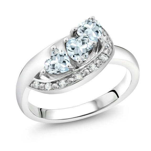 Gem Stone King 925 Sterling Silver Sky Blue Aquamarine and White Created Sapphire Engagement Ring for Women (0.81 Cttw, Gemstone March Birthstone, Heart Shape 4MM, Size 8)