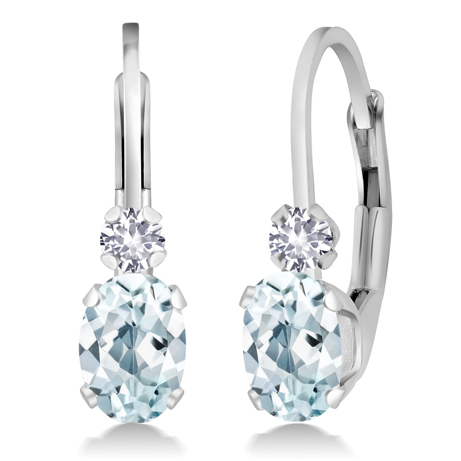 Gem Stone King 925 Sterling Silver Sky Blue Aquamarine & White Created Sapphire Leverback Earrings for Women (1.08 Cttw, Gemstone Birthstone, Oval 6X4MM, Round 2MM, 3/4 inch)
