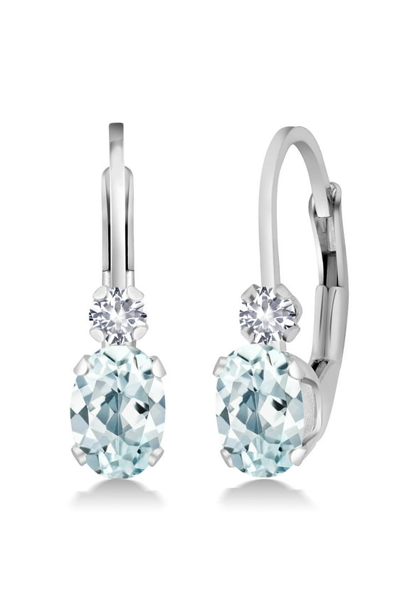 925 Sterling Silver Sky Blue Aquamarine & White Created Sapphire Leverback Earrings for Women (1.08 Cttw, Gemstone Birthstone, Oval 6X4MM, Round 2MM, 3/4 inch)