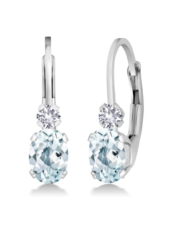 925 Sterling Silver Sky Blue Aquamarine & White Created Sapphire Leverback Earrings for Women (1.08 Cttw, Gemstone Birthstone, Oval 6X4MM, Round 2MM, 3/4 inch)
