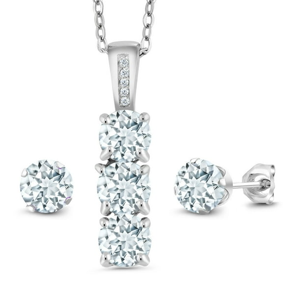 Gem Stone King 925 Sterling Silver Sky Blue Aquamarine and White Diamond Pendant and Earrings Jewelry Set for Women (2.04 Cttw, Gemstone March Birthstone, with 18 inch Chain)