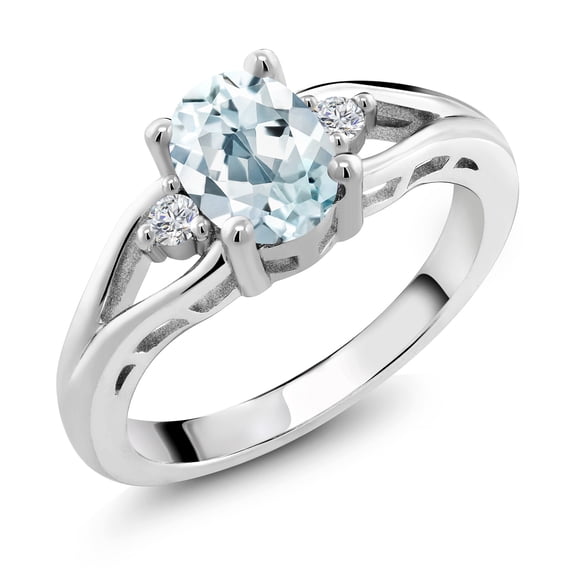 Gem Stone King 925 Sterling Silver Sky Blue Aquamarine and White Lab Grown Diamond 3 Stone Engagement Ring for Women | 1.28 Cttw | Oval 8X6MM | Round 2MM | Gemstone March Birthstone | Size 9