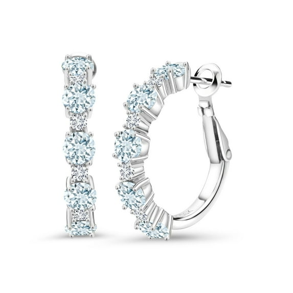 Gem Stone King 925 Sterling Silver Sky Blue Aquamarine and White Lab Grown Diamond Hoop Earrings for Women (2.80 Cttw, Round 4MM and 1.9MM, Gemstone Birthstone 1 inch Diameter)