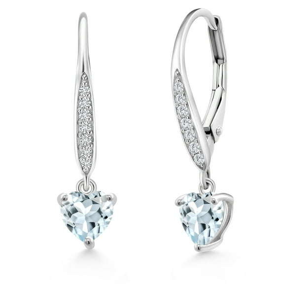Gem Stone King 925 Sterling Silver Sky Blue Aquamarine and White Lab Grown Diamond Leverback Dangle Drop Earrings for Women (1.56 Cttw, Gemstone March Birthstone, Heart Shape 6MM)