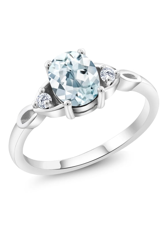 925 Sterling Silver Sky Blue Aquamarine and White Moissanite 3-Stone Rings for Women (1.28 Cttw, Gemstone March Birthstone, Oval 8X6MM, Available in Size 5, 6, 7, 8, 9)