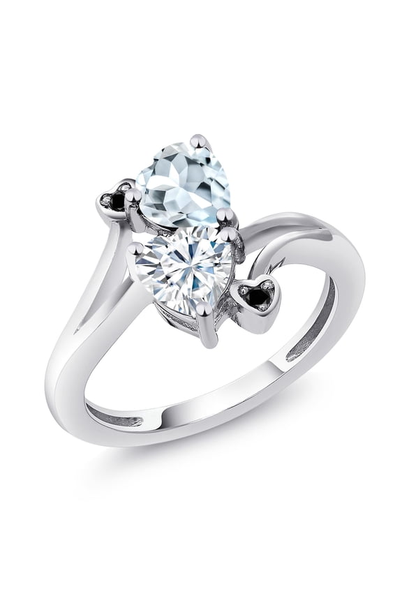925 Sterling Silver Sky Blue Aquamarine White Moissanite and Black Diamond Ring for Women (1.56 Cttw, Heart Shape 6MM, Gemstone March Birthstone, Size 8)