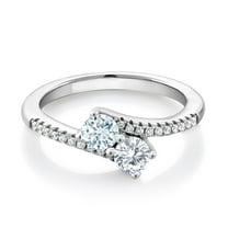 Gem Stone King 925 Sterling Silver Sky Blue Aquamarine and White Moissanite Bypass Ring for Women (0.72 Cttw, Gemstone March Birthstone, Round 4MM, Available in Size 5, 6, 7, 8, 9)