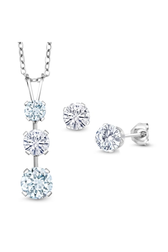 925 Sterling Silver Sky Blue Aquamarine and White Moissanite Pendant and Earrings Jewelry Set for Women (2.50 Cttw, Gemstone March Birthstone, with 18 inch Chain)