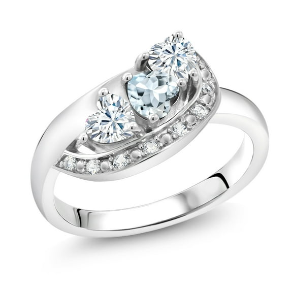Gem Stone King 925 Sterling Silver Sky Blue Aquamarine and White Moissanite and White Created Sapphire Engagement Ring for Women (0.77 Cttw, Gemstone March Birthstone, Heart Shape 4MM, Size 5)