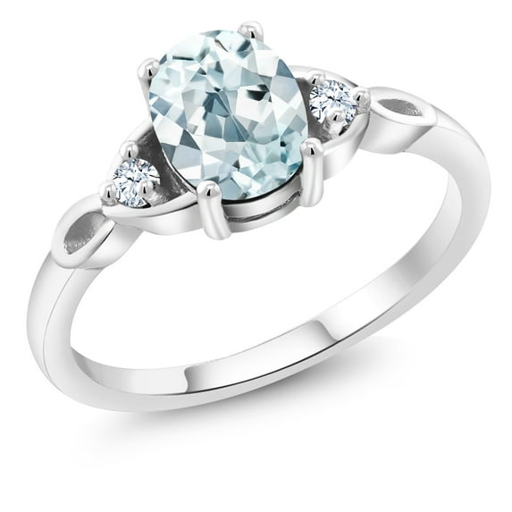 Gem Stone King 925 Sterling Silver Sky Blue Aquamarine and White Zirconia 3-Stone Rings for Women (1.26 Cttw, Gemstone March Birthstone, Oval 8X6MM, Available in Size 5, 6, 7, 8, 9)