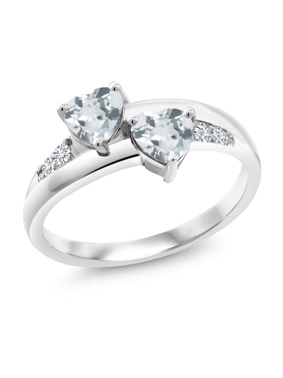925 Sterling Silver Sky Blue Aquamarine and Lab Grown Diamond Women Engagement Heart Shape Ring (0.84 Cttw, Size 6)
